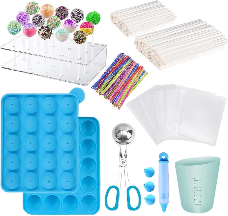 YIICUZP 606Pcs Cake Pop Kit,Silicone Lollipop Molds Including Lollipop Sticks,Measuring Cup,Treat Bags,Twist Ties,Decorating Pen,Meat Baller with Handles,Round Mold,Lollipop, Candy,Display Stand Holder(Blue) - Image 1